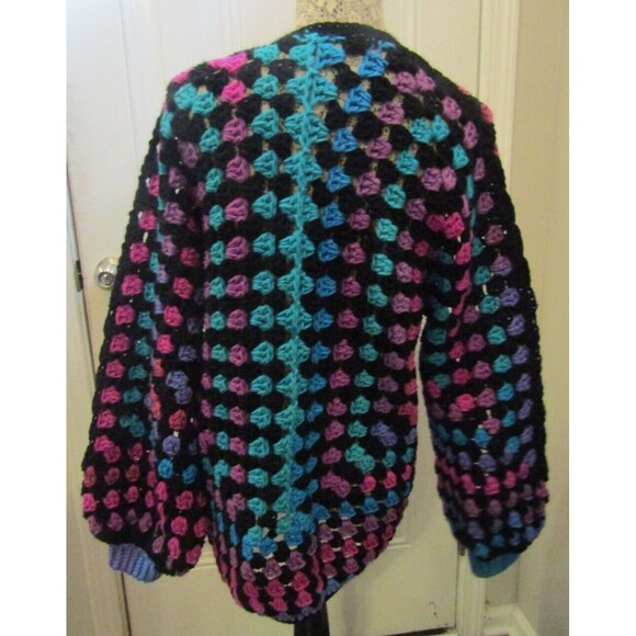 Hand Crochet Cardigan Sweater Jacket Boho Hippie Retro Balloon Sleeves Size L - Picture 4 of 6